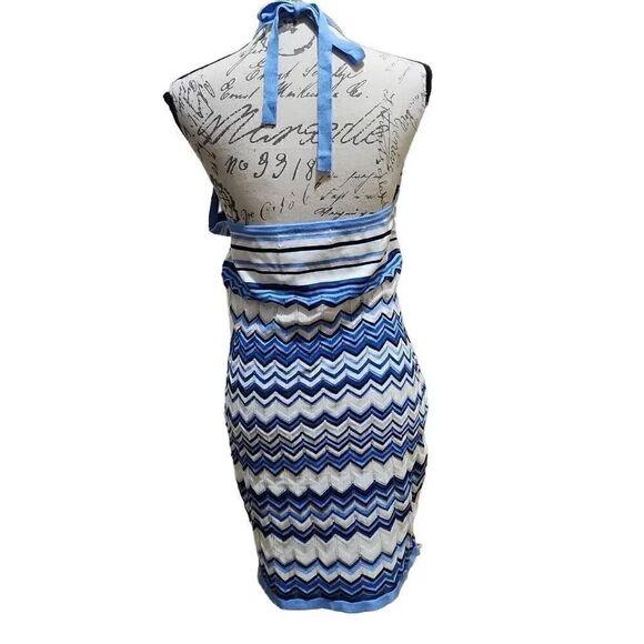 New Crave Fame Blue & White Chevron Open Weave Knit Halter Dress- Size Large - Picture 3 of 9